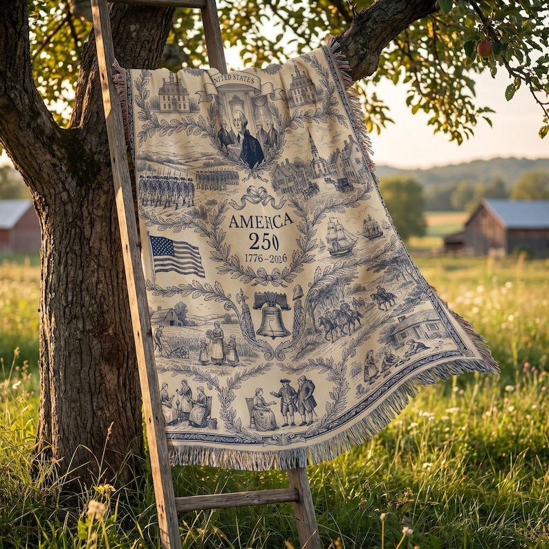 May include: A cream-colored throw blanket with a blue and white historical design, draped over a wooden ladder. The blanket features illustrations of historical figures, buildings, and the American flag, with the text "AMERICA 250 1776-2006".