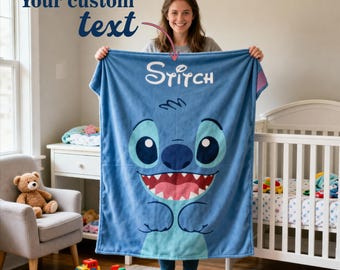 Personalized Stitch Blanket, Custom Kids Name Blanket, Lilo Stitch Baby Blanket, Personalized Name Throw, Birthday Gift, Christmas Gift