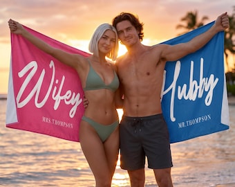 Personalized Couple Beach Towel, Couple Gift, Wifey and Hubby Towel, Newlywed Gift, Wedding Gift, Honeymoon Gift, Bridal Shower Gift