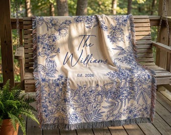 Personalized Woven Throw Blanket, Custom Anniversary Gift For Couples, Engagement Or Bridal Shower, Custom Throw With Last Name and Est Year