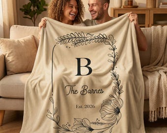 Personalized Family Name Blanket, Custom Last Name Throw Blanket, Floral Initial Blanket, Wedding Anniversary Gift, Gift For Mom/Grandma