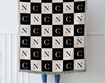 Custom Woven Initial Blanket, Checkered Custom Woven Throw, Monogram Letter Blanket, Couples Gift, Couple Initials, Anniversary, Engagement