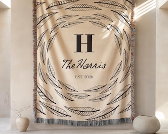 Custom Family Name Woven Blanket, Personalized Throw With Last Name and Date, Anniversary Gift, Wedding Gift For Couple