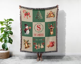 Personalized Woven Christmas Blanket, Family Name Throw Blanket, Custom Holiday Blanket, Christmas Gift for Parents, Family Holiday Decor