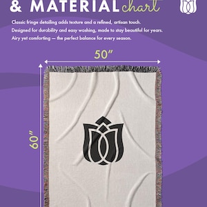 May include: A cream-colored throw blanket with a black tulip design, measuring 50 inches wide and 60 inches long. The blanket has a fringed edge and the text "TULIP CUSTOM DESIGN".