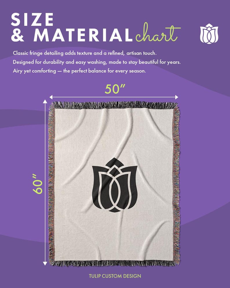 May include: A cream-colored throw blanket with a black tulip design, measuring 50 inches wide and 60 inches long. The blanket has a fringed edge and the text "TULIP CUSTOM DESIGN".
