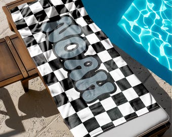 Personalized Checkered Beach Towel, Custom Groovy Name Bath Towel, Retro Vibes Beach, Pool Towel, Bachelorette Party, Summer Vacation Gift