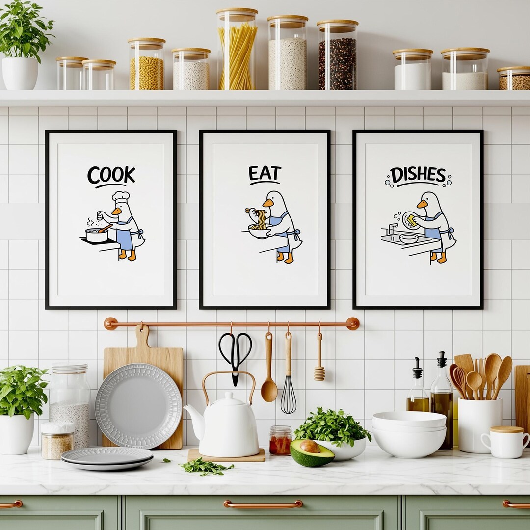 Funny Goose Kitchen Wall Art Set, Minimal Black White Posters (digital ...