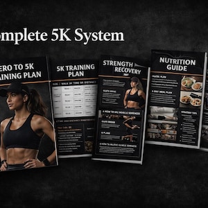 Może przedstawiać: Zestaw przewodników szkoleniowych dla programu biegowego na 5 km. Przewodniki obejmują plan treningowy od zera do 5 km, plan treningowy na 5 km, wskazówki dotyczące regeneracji siły, przewodnik żywieniowy i strategię na dzień wyścigu. Tytuł to "Complete 5K System".