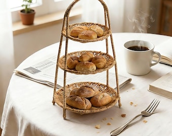 Support à plusieurs niveaux en rotin fait main, corbeille de fruits tressée avec poignée, plateau en osier naturel, rangement de cuisine de ferme, service à dessert bohème