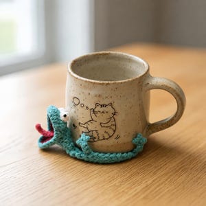 May include: A speckled beige ceramic mug featuring a black line drawing of a reclining cat with a thought bubble. A teal crocheted creature with a pink tongue and white eyes is attached to the base, wrapping around the side of the mug.