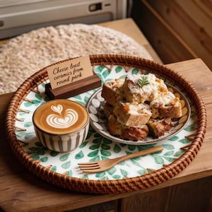 May include: A round woven tray holds a cup of latte art, a plate of cheese toast, and a wooden fork. The tray has a green leaf pattern. A small card reads "Cheese toast ceramics from round park."