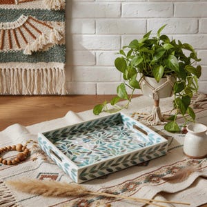 MOP Shell Inlaid Rectangular Tray Floral Platter,Mother of Pearl Serving Trays for Coffee Table,Decorative Jewelry Dish,Boho Home Decor Gift