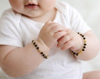 Kids Black Bead Nazariya Bracelet | Gold-Tone Accents, Evil Eye Protection
