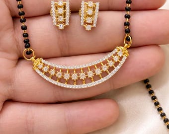 Conjunto de collar Mangalsutra estilo diamante, cuentas negras, colgante floral, pendientes