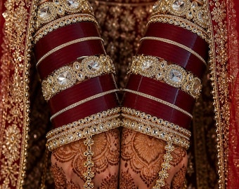 Conjunto de brazaletes nupciales Kundan color granate / Brazaletes tradicionales de boda punjabí