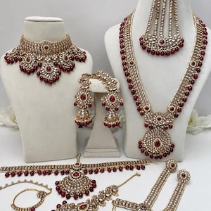 Braut Kundan Schmuck-Set, indische Hochzeit Schmuck-Set, Red Stone Polki Halsketten-Set, Choker & lange Haar Set, Maang Tikka Ohrringe