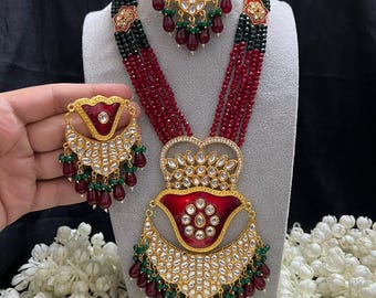 Raani Haar Kundan Bridal Necklace Set, Red Green Beaded Long Jewelry