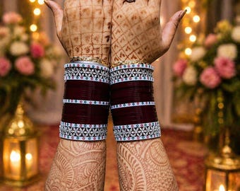 Conjunto de Chooda nupcial de lujo / Brazaletes de boda punjabi color granate con diamantes AD