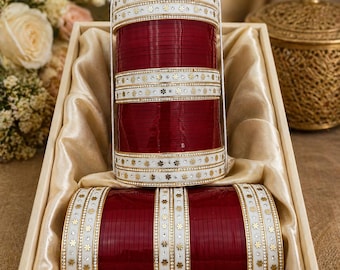 Bridal Red Chura Set | White Gold Floral Punjabi Wedding Bangles