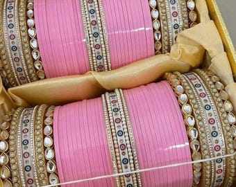 Baby Pink Bridal Chura Set | Punjabi Wedding Bangles with Stone Work