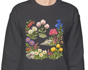Wildblumen Sweatshirt, Cottagecore Botanischer Rundhalsausschnitt, Aquarell Alpine Aster Enzian Daisy Naturliebhaber Rundhalsausschnitt Sweatshirt