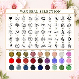 K&ouml;nnte beinhalten: Eine Auswahltafel f&uuml;r Wachssiegel mit f&uuml;nfzig nummerierten schwarzen kreisf&ouml;rmigen Symbolen mit verschiedenen Monogrammen, Blumenmotiven und Hochzeitsdesigns, gefolgt von einem Raster aus zweiunddrei&szlig;ig farbigen Wachssiegelmustern mit Bezeichnungen wie Gold, Rot und Kaktusgr&uuml;n.