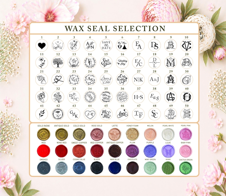 K&ouml;nnte beinhalten: Eine Auswahltafel f&uuml;r Wachssiegel mit f&uuml;nfzig nummerierten schwarzen kreisf&ouml;rmigen Symbolen mit verschiedenen Monogrammen, Blumenmotiven und Hochzeitsdesigns, gefolgt von einem Raster aus zweiunddrei&szlig;ig farbigen Wachssiegelmustern mit Bezeichnungen wie Gold, Rot und Kaktusgr&uuml;n.