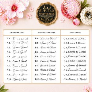 K&ouml;nnte beinhalten: Eine Schriftarten-Auswahltabelle mit drei Spalten, beschriftet als Signature Font, Calligraphy Font und Simple Font. Jede Spalte listet zehn nummerierte Optionen auf, die die Namen Emma & Daniel in verschiedenen Schriftarten zeigen, mit einem Logo oben.