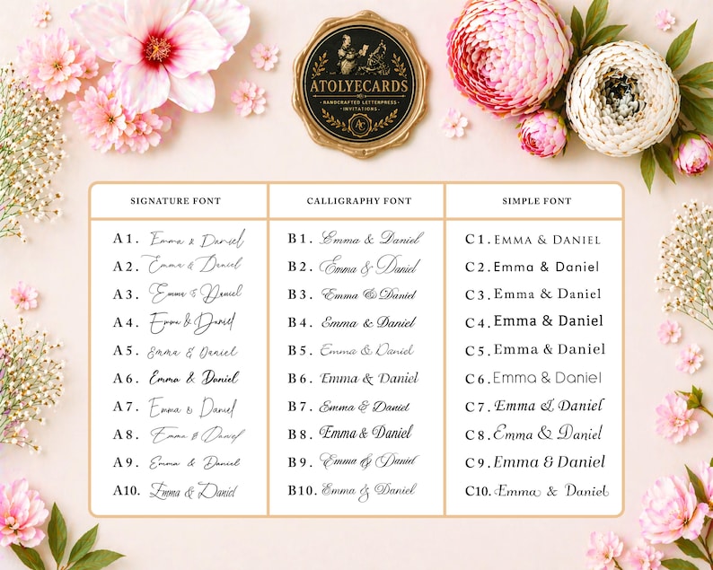 K&ouml;nnte beinhalten: Eine Schriftarten-Auswahltabelle mit drei Spalten, beschriftet als Signature Font, Calligraphy Font und Simple Font. Jede Spalte listet zehn nummerierte Optionen auf, die die Namen Emma & Daniel in verschiedenen Schriftarten zeigen, mit einem Logo oben.
