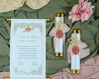 Luxuriöse Scroll-Hochzeitseinladung mit Wachssiegel, Königliche Vintage-Hochzeitskarte