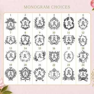 K&ouml;nnte beinhalten: Ein Raster aus vierundzwanzig schwarz-wei&szlig;en Monogramm-Designs, die mit den Nummern eins bis vierundzwanzig unter der &Uuml;berschrift Monogram Choices beschriftet sind. Jedes Design zeigt einen dekorativen Rahmen um einen zentralen Buchstaben A.