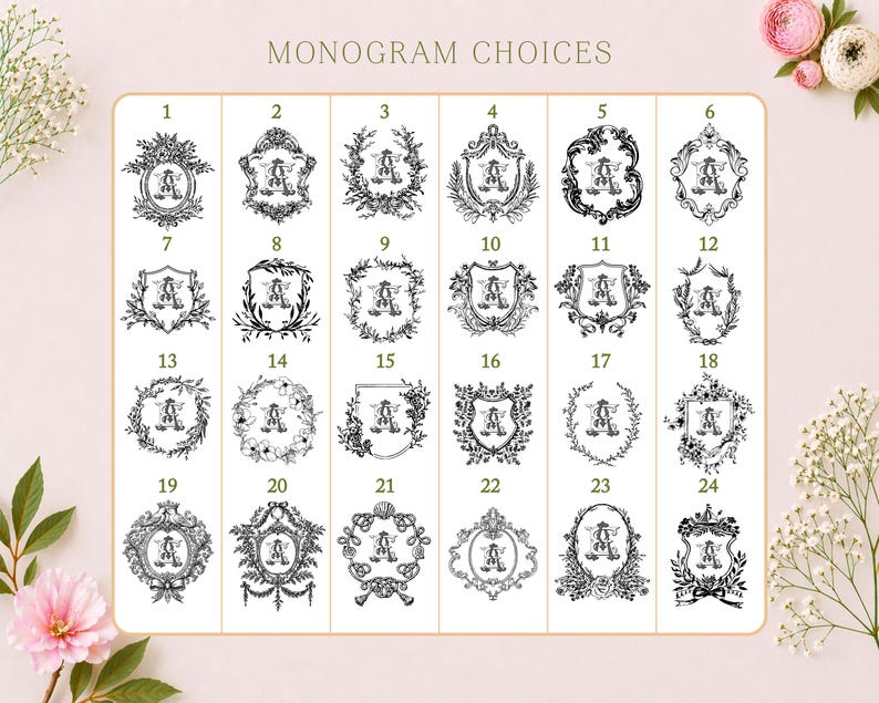 K&ouml;nnte beinhalten: Ein Raster aus vierundzwanzig schwarz-wei&szlig;en Monogramm-Designs, die mit den Nummern eins bis vierundzwanzig unter der &Uuml;berschrift Monogram Choices beschriftet sind. Jedes Design zeigt einen dekorativen Rahmen um einen zentralen Buchstaben A.