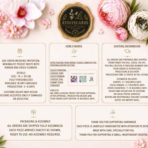 K&ouml;nnte beinhalten: Eine Informationsgrafik f&uuml;r Hochzeitseinladungen mit dem Markennamen ATOLYECARDS in einem goldenen Siegel, umgeben von rosa und wei&szlig;en Blumen. Der Text beschreibt Produktdetails, eine Gr&ouml;&szlig;e von 14 mal 20 cm, Bestellschritte und Montagehinweise.