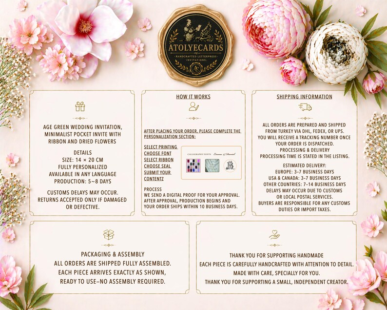 K&ouml;nnte beinhalten: Eine Informationsgrafik f&uuml;r Hochzeitseinladungen mit dem Markennamen ATOLYECARDS in einem goldenen Siegel, umgeben von rosa und wei&szlig;en Blumen. Der Text beschreibt Produktdetails, eine Gr&ouml;&szlig;e von 14 mal 20 cm, Bestellschritte und Montagehinweise.
