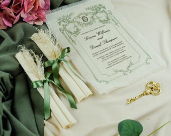 Linen Fabric Wedding Invitation with Botanical Design, Frayed Edges and Personalized Monogram