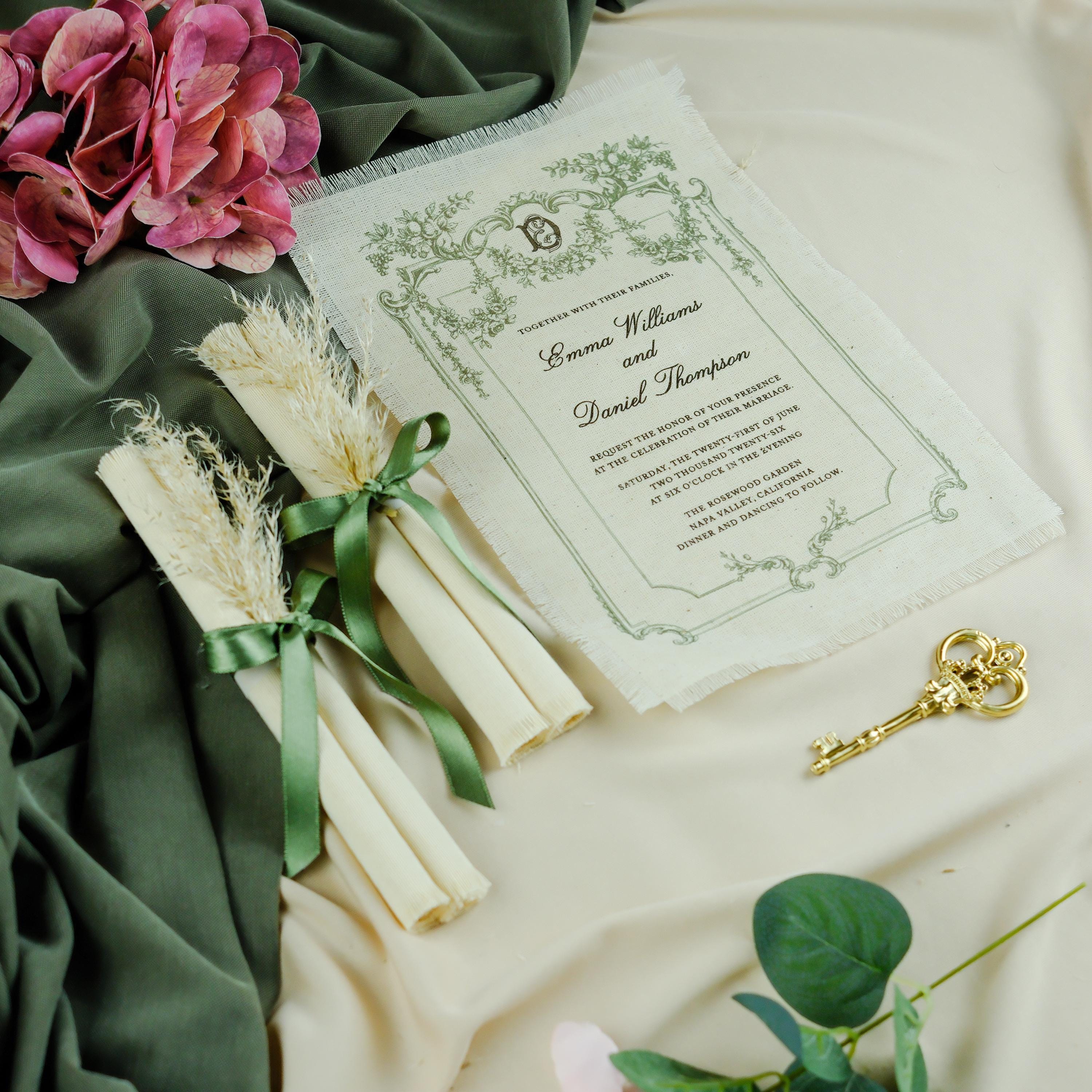 Linen Fabric Wedding Invitation With Botanical Design, Frayed Edges and ...