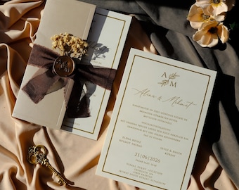 Luxuriöse Hochzeitseinladung mit Braunem Chiffonband, Wachssiegel und Trockenblumen