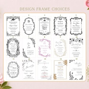 K&ouml;nnte beinhalten: Eine rechteckige &Uuml;bersicht mit dem Titel DESIGN FRAME CHOICES, die f&uuml;nfzehn verschiedene Hochzeitseinladungs-Vorlagen zeigt, nummeriert von eins bis f&uuml;nfzehn. Jede Vorlage bietet einzigartige schwarze oder farbige Linienrahmen, florale Motive und Typografie.