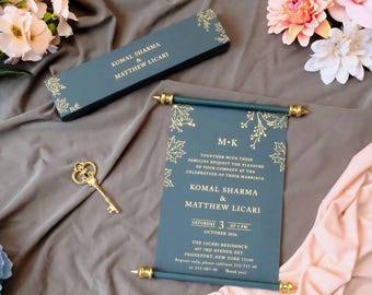 Luxuriöse Hochzeitseinladung im Scroll-Design mit personalisierter Schachtel und Goldfolienprägung