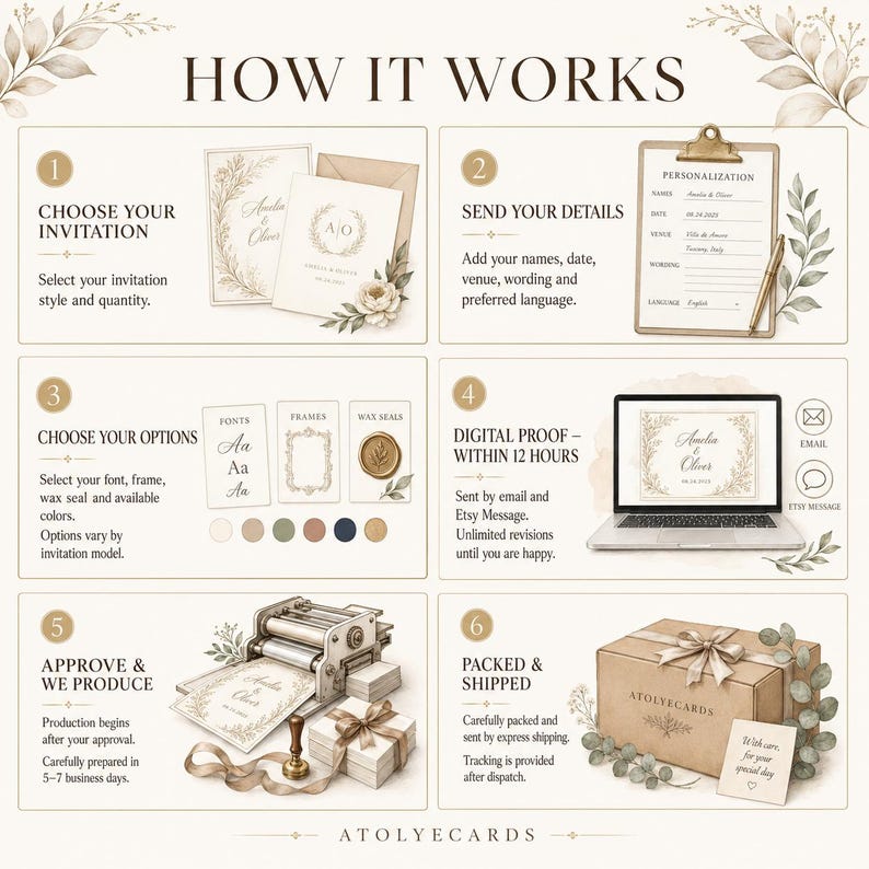 K&ouml;nnte beinhalten: Eine Infografik mit dem Titel HOW IT WORKS, die einen sechsstufigen Prozess f&uuml;r personalisierte Einladungen beschreibt. Sie enth&auml;lt Illustrationen von Schreibwaren, einem Klemmbrett, einem Laptop, einer Druckpresse und einer Geschenkbox.