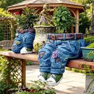 Puede incluir: Dos maceteros con forma de pantalones vaqueros azules que representan piernas con zapatillas, con cinturones marrones, texturas de tela desgastada y pequeños detalles florales. Estos maceteros sostienen plantas y se apoyan sobre una superficie de madera.