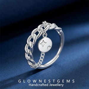 Hand-Linked Chain & Star Ring, Openwork Adjustable Band, Edgy Celestial Jewelry, Unique Stackable Statement