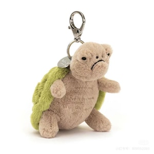 May include: A soft toy turtle keyring. The turtle has a light brown body and a green shell. It features a sad face and a silver keyring for attachment. Ideal for keys or bags, this keyring is a charming accessory.