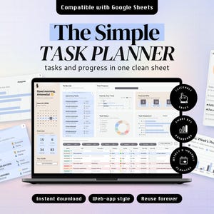 Peut inclure: Un modèle de planificateur de tâches numérique pour Google Sheets affiché sur un écran d'ordinateur portable. L'interface comprend un tableau de bord avec des listes de tâches, des graphiques de progression, un calendrier et des indicateurs de statut. Autour de l'ordinateur se trouvent des fenêtres montrant des détails de tâches, des tâches à venir et des rapports de progression hebdomadaires.