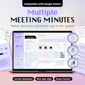 Puede incluir: Una plantilla digital de actas de reunión para Google Sheets mostrada en una pantalla de portátil, con una interfaz morada y blanca que incluye secciones para notas, tareas, cobertura de agenda y un rastreador de seguimiento con gráficos.
