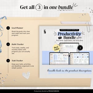 Task Tracker Spreadsheet shown as part of a Google Sheets productivity bundle with a Goal Planner and Habit Tracker for organizing tasks, goals, habits, priorities, and progress.
