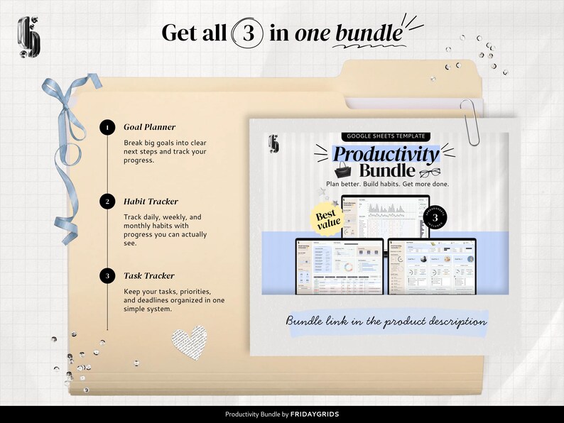 Task Tracker Spreadsheet shown as part of a Google Sheets productivity bundle with a Goal Planner and Habit Tracker for organizing tasks, goals, habits, priorities, and progress.