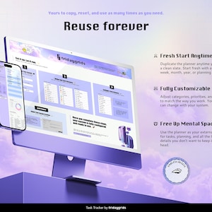 A task tracker spreadsheet for Google Sheets: A computer monitor and smartphone displaying the Fridaygrids task tracker interface with purple and white color schemes. Text includes Reuse forever, Fresh Start Anytime, Fully Customizable, and Free Up Mental Space.