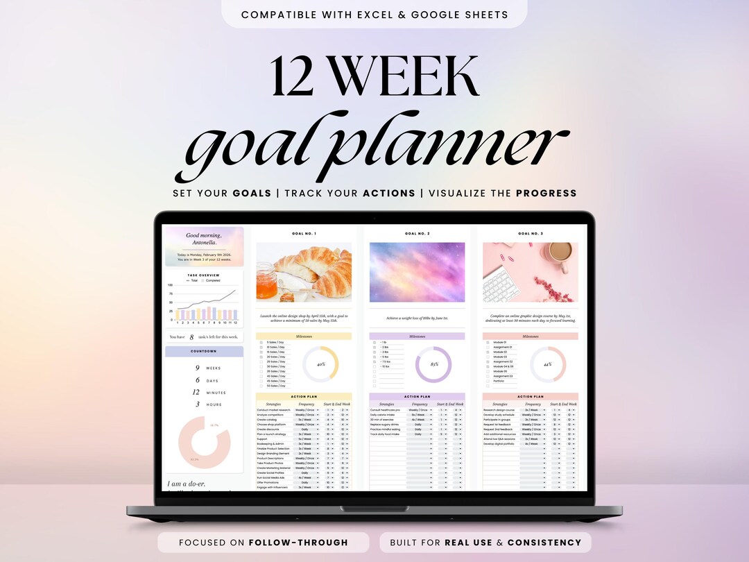 12 Week Goal Planner Spreadsheet for Google Sheets Excel Tracker ...